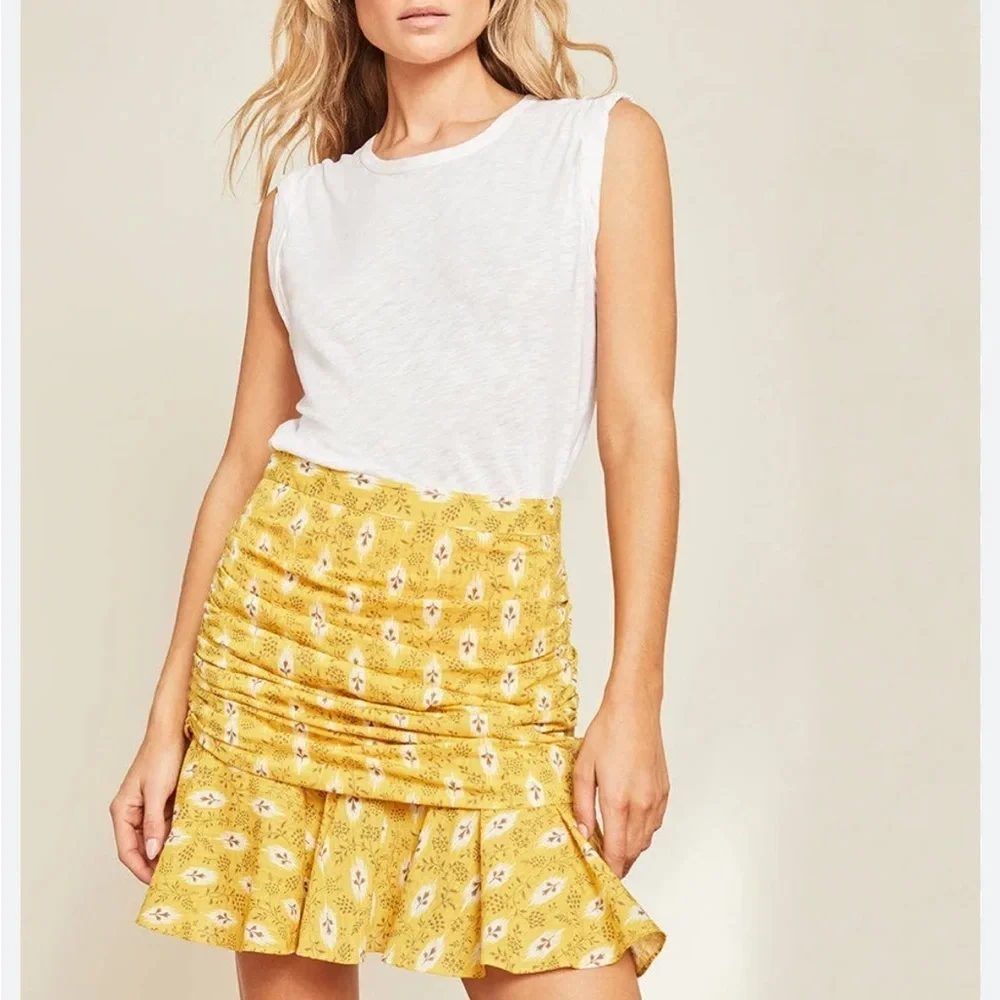 Veronica Beard Taras Skirt Ruched Botanical Ikat Floral Mini Skirt in Yellow